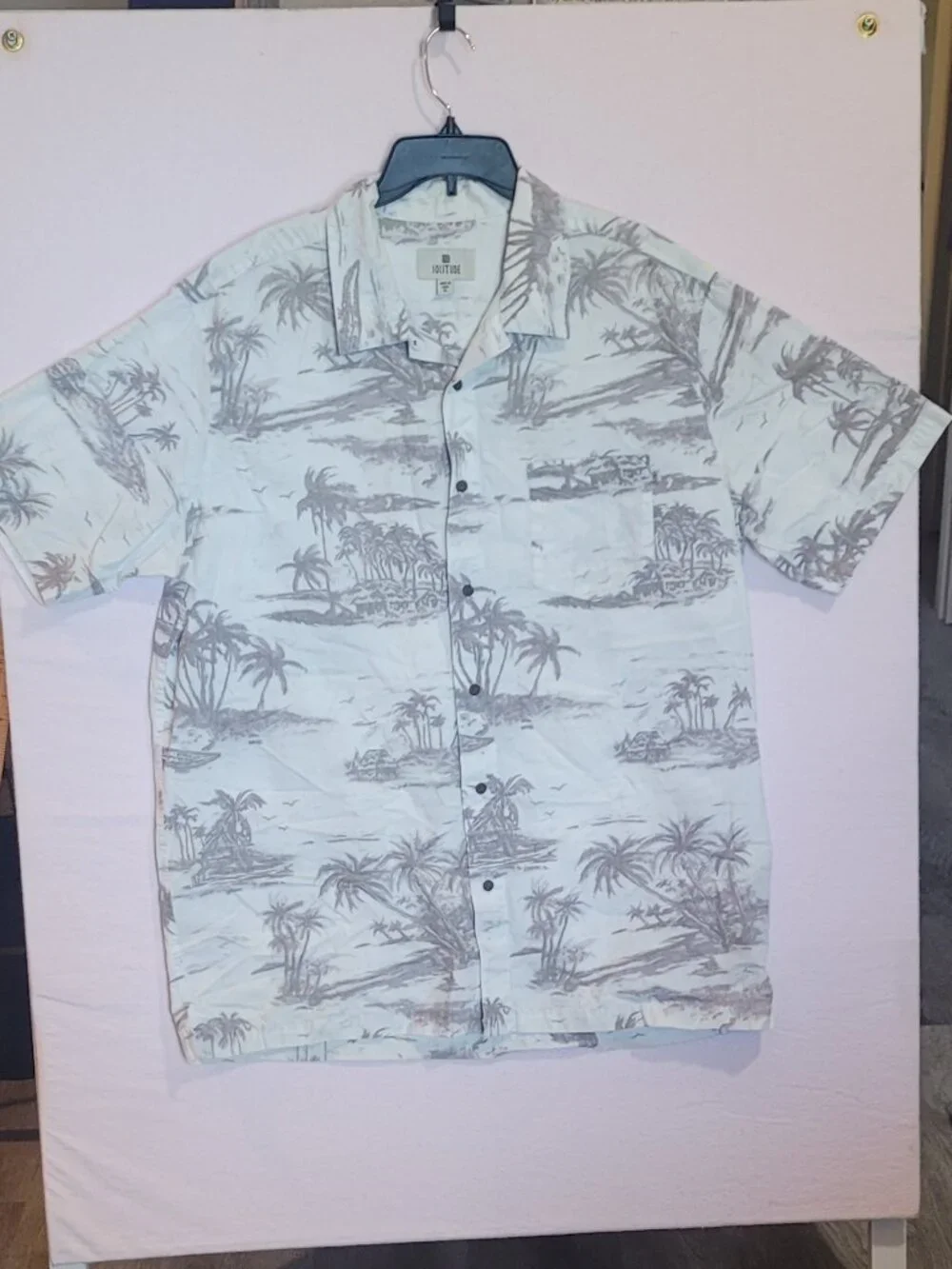 Men's Hawaiian Shirt XL SOLITUDE Gray White Cotton Short Slve Button Down Pocket